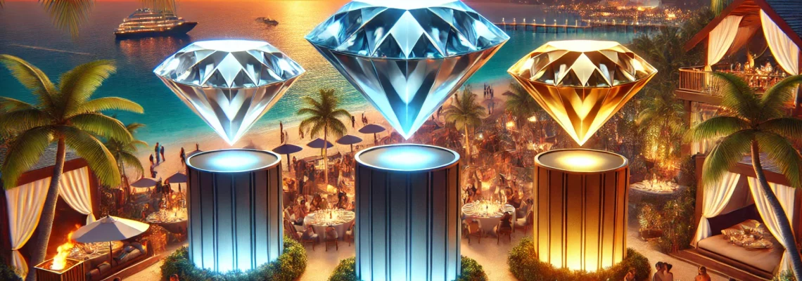 DALL·E 2025-03-12 13.14.50 - A luxurious beach party scene at sunset. In the foreground, three large diamonds represent different sponsorship tiers_ A brilliant blue-white diamond